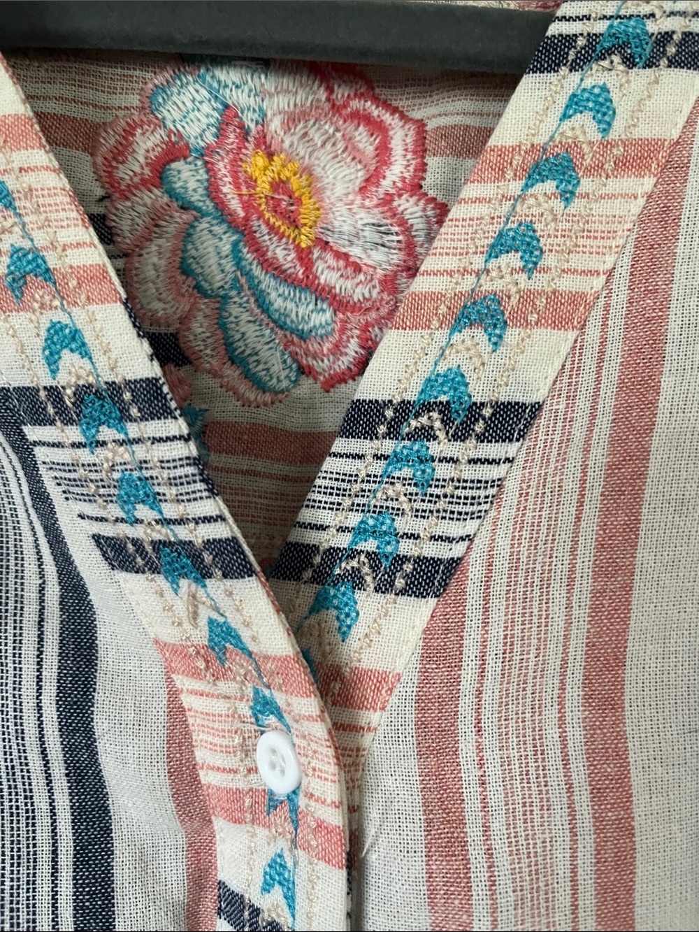 ANDREE BY UNIT Boho Pink/Navy Striped Embroidered Cotton Tie FrontTunic Size S - Picture 5 of 13